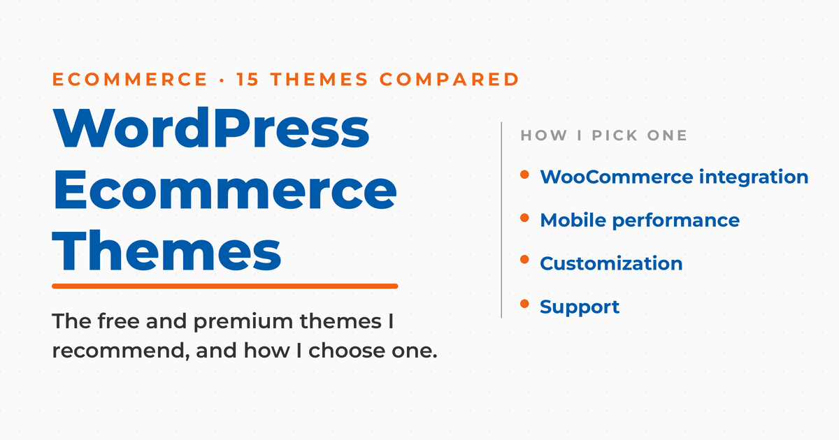 Featured graphic titled WordPress Ecommerce Themes, listing the four factors Neal Schaffer uses to pick a theme: WooCommerce integration, mobile performance, customization, and support.