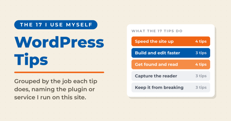 Cream featured card reading "WordPress Tips" under the kicker "The 17 I use myself," with a panel grouping the 17 tips by job: speed the site up (4 tips), build and edit faster (3 tips), get found and read (4 tips), capture the reader (3 tips), keep it from breaking (3 tips).