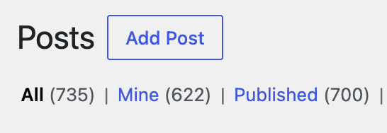 WordPress Posts screen counts reading All 735, Mine 622, Published 700.