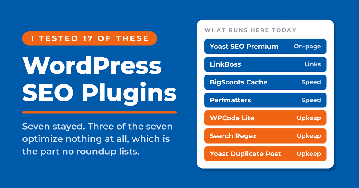 The seven WordPress SEO plugins running on nealschaffer.com, listed by job: on-page, links, speed and upkeep.