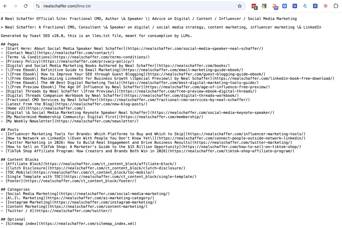 The llms.txt file at nealschaffer.com showing five blog posts and five internal content block URLs.
