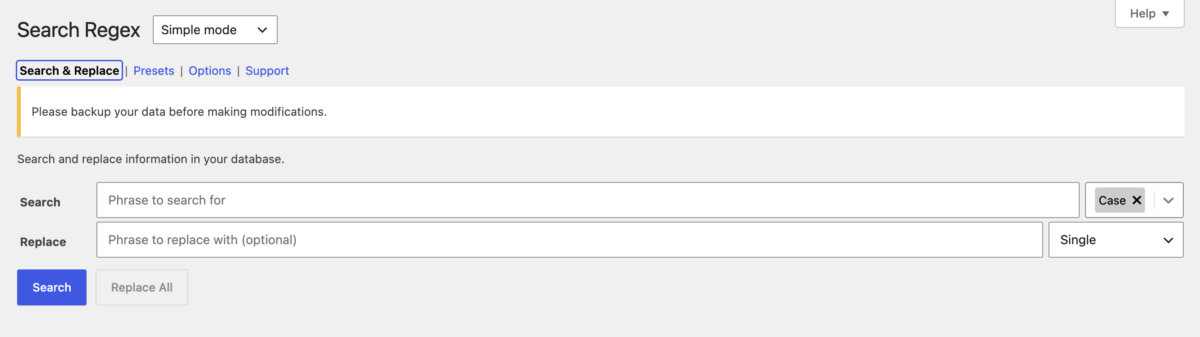 The Search Regex search and replace screen, with its database backup warning above the fields.