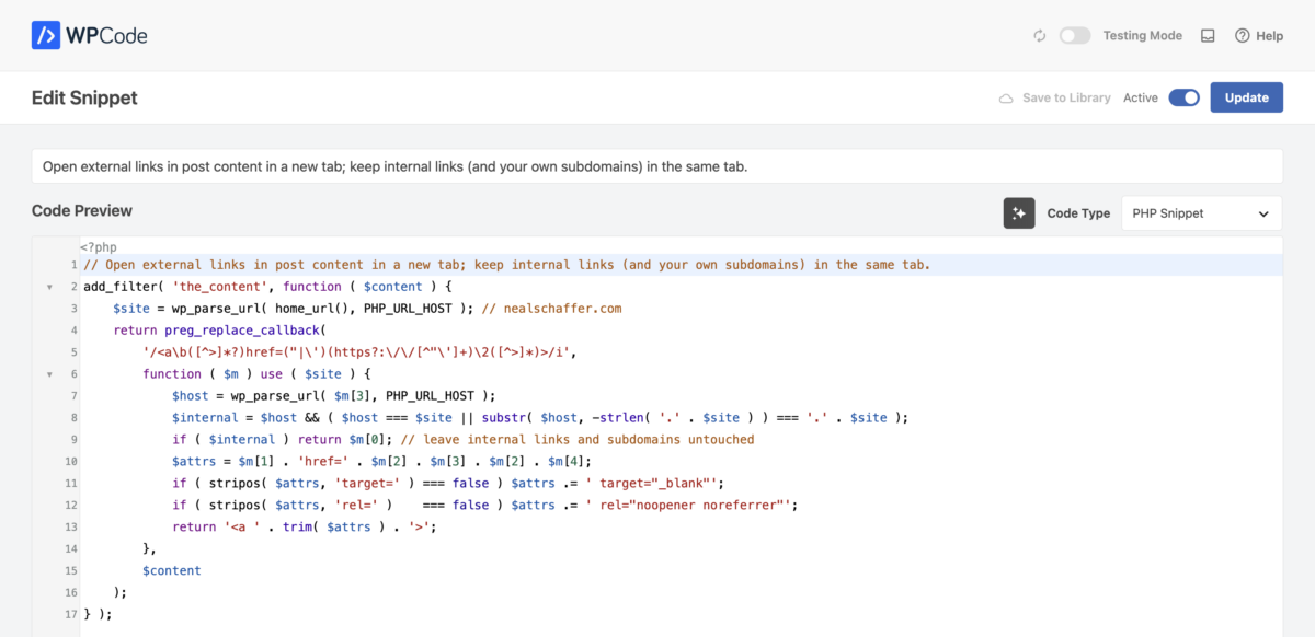 The WPCode editor showing a seventeen-line PHP snippet that opens external links in a new tab and leaves internal links alone.