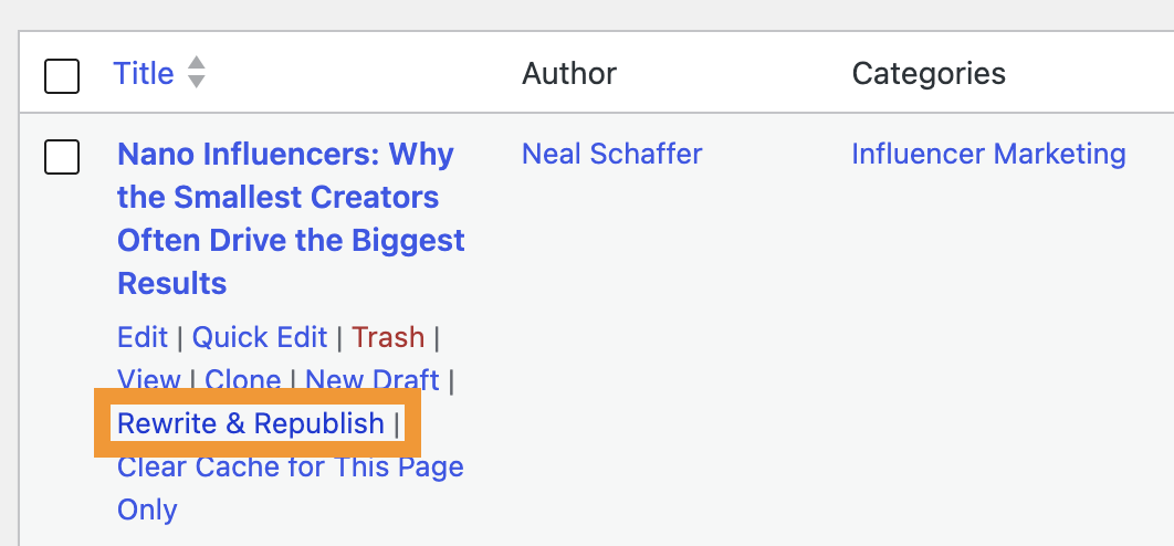 The Rewrite and Republish option highlighted in a WordPress post row, alongside Clone and New Draft.