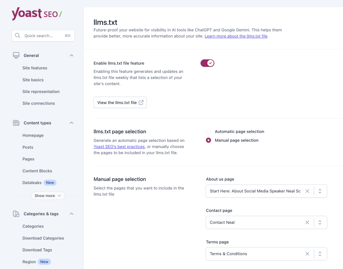 Yoast SEO llms.txt settings panel with the feature enabled and Manual page selection chosen.