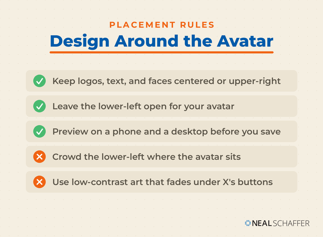 Checklist of X banner design do's and don'ts: three recommended habits and two mistakes to avoid.