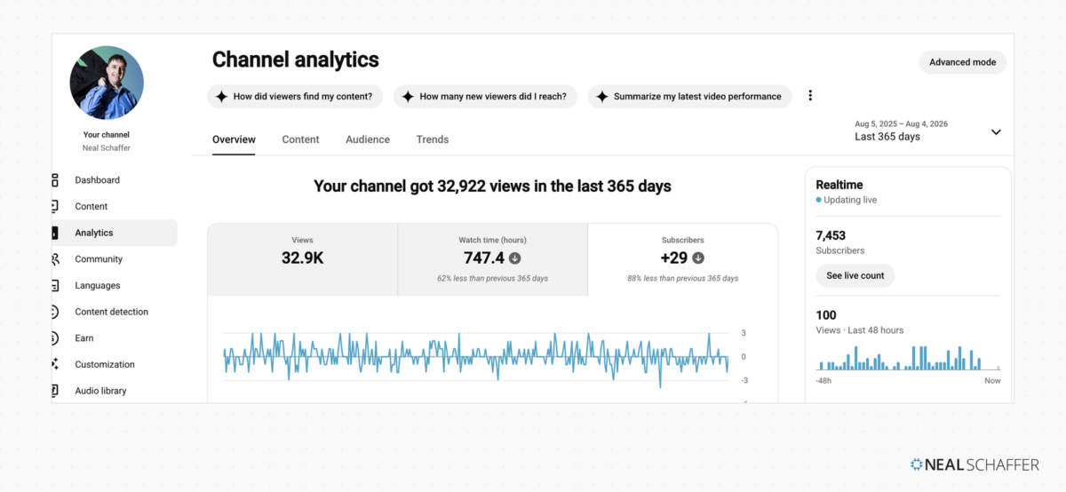 YouTube Studio channel analytics overview for the Neal Schaffer channel, Aug 5 2025 to Aug 4 2026, showing 747.4 watch hours, plus 29 subscribers for the year down 88% year over year, and 7,453 subscribers live.