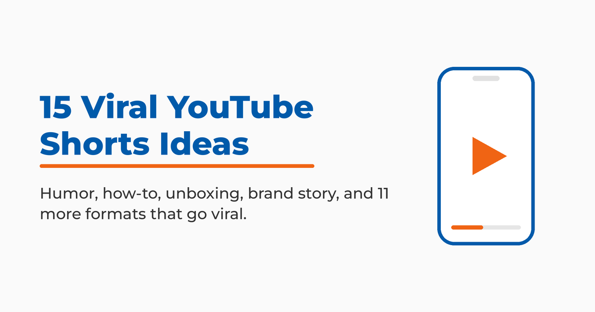 Featured graphic titled 15 Viral YouTube Shorts Ideas, with labels for humor, how-to, unboxing, and brand story formats