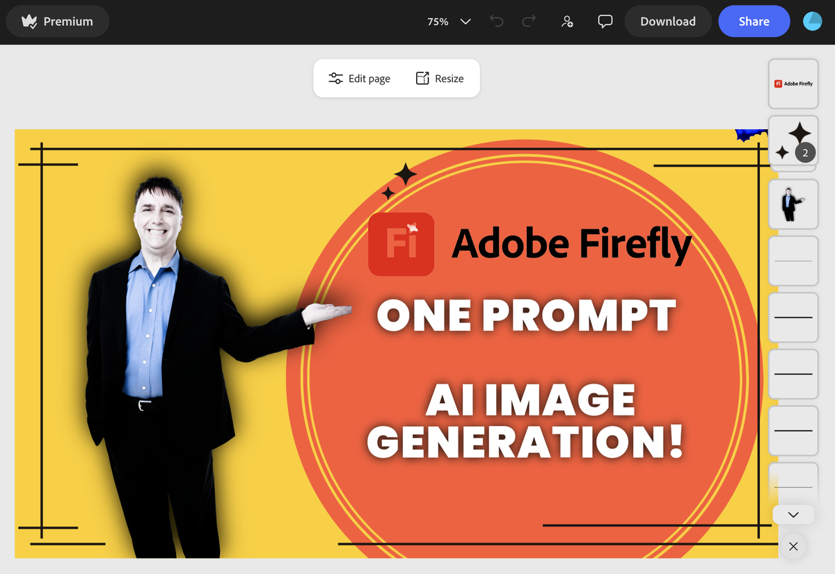 Adobe Express editor showing Neal Schaffer's YouTube thumbnail for a video on Adobe Firefly, with a cutout photo of Neal on a yellow and orange layout and a layers panel on the right