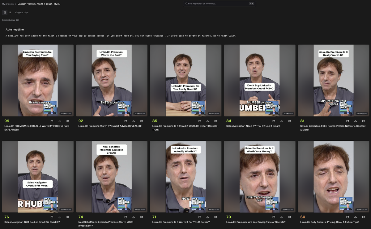 OpusClip project grid showing vertical clips cut from Neal Schaffer's talking-head video on LinkedIn Premium, each with captions, a headline, a suggested title and a score from 99 down to 60