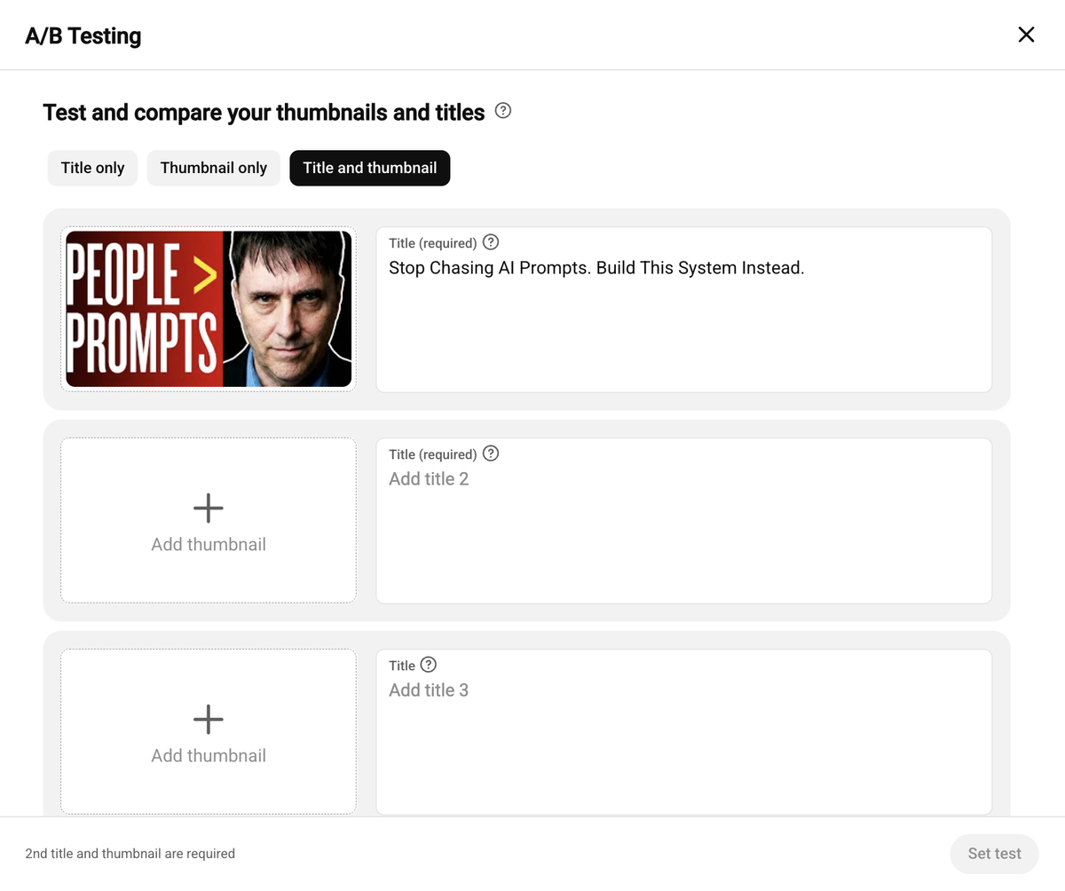 YouTube Studio A/B Testing dialog with Title only, Thumbnail only and Title and thumbnail options, one existing thumbnail and title filled in, and two empty slots for more versions