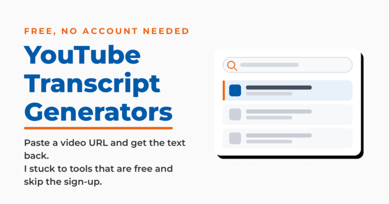 Featured graphic titled YouTube Transcript Generators, noting these seven tools are free and skip the sign-up, beside a mock search-and-results panel.