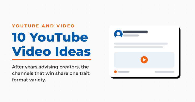 10 YouTube video ideas featured graphic with a video post card mockup.